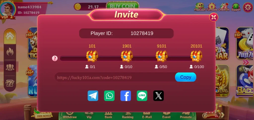 lucky 101 invite bonus
